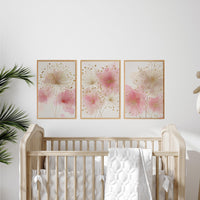 Pink Floral Nursery Wall Art Set, Blush Gold Flower Prints