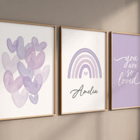 Purple Nursery Wall Art Set, Rainbow Name Print, You Are So Loved Poster