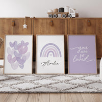 Purple Nursery Wall Art Set, Rainbow Name Print, You Are So Loved Poster