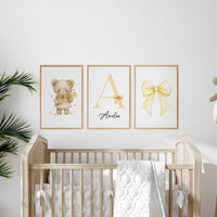 Yellow Bow Nursery Wall Art Set of 3, Teddy Bear Nursery Decor