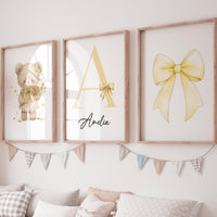 Yellow Bow Nursery Wall Art Set of 3, Teddy Bear Nursery Decor