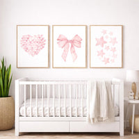 Pink Watercolor Nursery Wall Art Set of 3, Heart Bow Star Prints