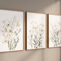 White Wildflower Wall Art Set of 3, Neutral Botanical Prints