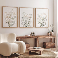 White Wildflower Wall Art Set of 3, Neutral Botanical Prints