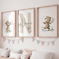 Personalized Bear Nursery Wall Art Set, Neutral Teddy Bear Name Prints
