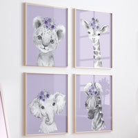 Purple Safari Animal Nursery Prints: Elephant, Giraffe, Bear, Zebra