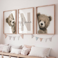 Peek a Boo Bear Nursery Wall Art Set of 3, Neutral Woodland Bear Prints