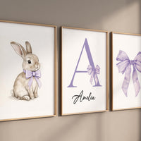 Personalized Bunny Nursery Wall Art Set of 3, Purple Bow Girl Nursery Decor