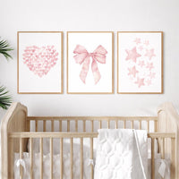Pink Watercolor Nursery Wall Art Set of 3, Heart Bow Star Prints