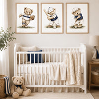 Navy Sports Teddy Bear Nursery Wall Art Set of 3, Boy Nursery Prints
