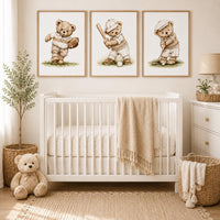 Neutral Sports Bear Nursery Wall Art Set of 3, Baby Boy Sports Print
