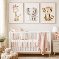 Safari Nursery Wall Art Set of 3, Girl Nursery Prints, Giraffe Elephant Leopard