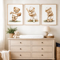 Neutral Sports Bear Nursery Wall Art Set of 3, Baby Boy Sports Print