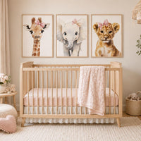 Baby Girl Safari Nursery Art Set, Watercolor Giraffe Elephant Lion Prints