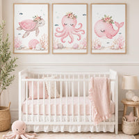 Pink Ocean Nursery Wall Art Set of 3, Sea Turtle Octopus Whale Prints