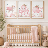 Pink Ocean Nursery Wall Art Set of 3, Sea Turtle Octopus Whale Prints