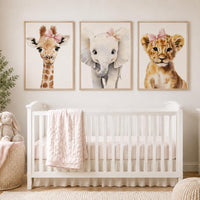 Baby Girl Safari Nursery Art Set, Watercolor Giraffe Elephant Lion Prints