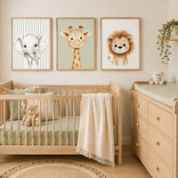 Safari Nursery Wall Art Set of 3, Elephant Giraffe Lion Prints, Sage Green