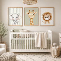 Safari Nursery Wall Art Set of 3, Elephant Giraffe Lion Prints, Sage Green