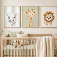 Safari Nursery Wall Art Set of 3, Elephant Giraffe Lion Prints, Sage Green