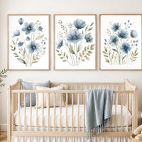 Blue Wildflower Nursery Wall Art Set of 3, Watercolor Floral Prints, Baby Girl Nursery