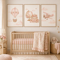 Pink Travel Nursery Wall Art Set of 3, Hot Air Balloon Airplane Globe Prints