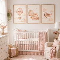 Pink Travel Nursery Wall Art Set of 3, Hot Air Balloon Airplane Globe Prints