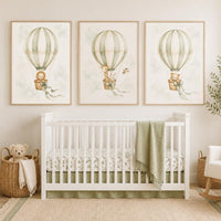 Sage Green Hot Air Balloon Nursery Art Set, Safari Animals Baby Room Prints