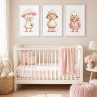 Duck Nursery Wall Art Set of 3, Pink Duckling Prints, Baby Girl Nursery Decor