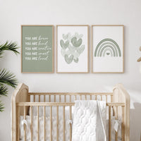 Sage Green Nursery Prints: Boho Rainbow, Hearts, Affirmations