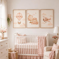 Pink Travel Nursery Wall Art Set of 3, Hot Air Balloon Airplane Globe Prints