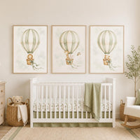 Sage Green Hot Air Balloon Nursery Art Set, Safari Animals Baby Room Prints