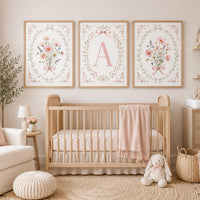 Blush Pink Floral Nursery Wall Art Set of 3, Personalized Baby Girl Initial Print