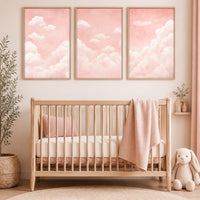 Set of 3 Pink Cloud Nursery Art, Blush Sky Baby Girl Decor