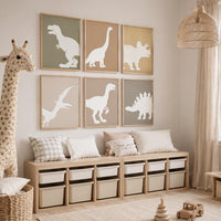 Dinosaur Nursery Wall Art Set of 6, Neutral Dino Prints, Earth Tone Kids