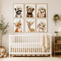 Daisy Woodland Animal Nursery Wall Art Set of 6, Floral Baby Animal Prints