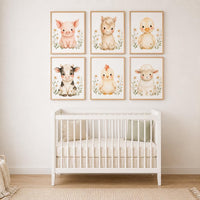 Farm Animal Nursery Prints Set, Baby Cow Pig Duck Pony Lamb Chicken Art