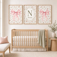 Personalized Pink Bow Nursery Wall Art Set of 3, Floral Baby Girl Prints