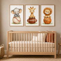 Baby Animal Sports Nursery Print: Safari Baseball, Football, Basketball