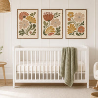 Earth Tone Floral Wall Art Set of 3, Boho Flower Prints, Neutral Nursery Decor