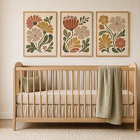 Earth Tone Floral Wall Art Set of 3, Boho Flower Prints, Neutral Nursery Decor