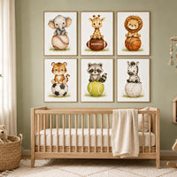 Sports Nursery Wall Art Set of 6, Safari Animal Prints, Baby Boy Room Decor,