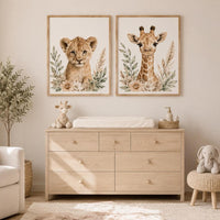 Safari Nursery Wall Art Set of 2, Baby Lion and Giraffe Prints