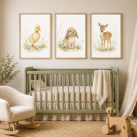 Baby Animal Nursery Wall Art Set of 3, Bunny Duckling and Fawn Prints