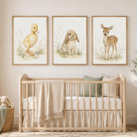Baby Animal Nursery Wall Art Set of 3, Bunny Duckling and Fawn Prints