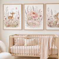 Personalized Woodland Nursery Wall Art Set of 3, Floral Deer and Bunny Prints