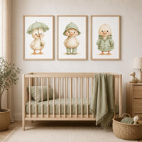 Sage Green Duckling Prints, Rainy Day Nursery Art Set