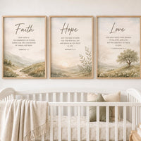 Faith Hope Love Bible Verse Prints, Watercolor Nursery Wall Art (Set of 3)