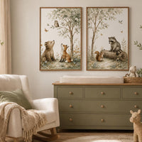 Woodland Nursery Wall Art Set of 2, Forest Animal Prints, Bear Fox Raccoon Owl