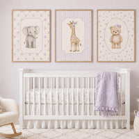Purple Nursery Wall Art Set of 3, Elephant Giraffe Bear Prints, Lilac Baby Girl